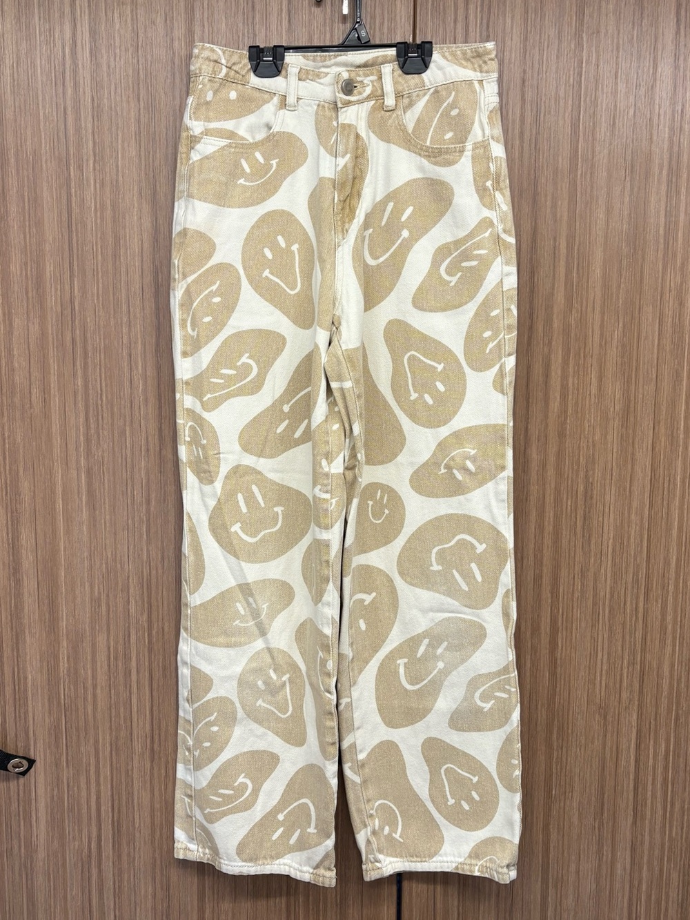 Bailey Rose Wide-Leg Beige Jeans with Smiley Print